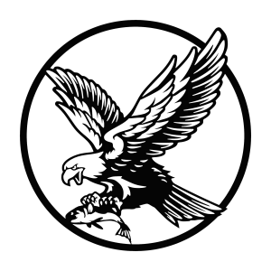 Round black steel wall art featuring a laser-cut design of an eagle in flight, wings spread, clutching a fish in its talons. Its circular form and detailed cutouts display the eagle's feathers and fish scales, ideal for rustic or outdoor decor.